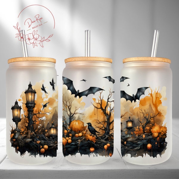 Bats and Crows, Spooky Halloween, Gothic, 16 Oz Libbey Glass PNG, Can Wrap Sublimation PNG Design, Glass Tumbler Cup Digital Download
