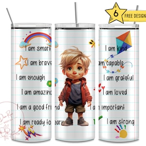 Kids Affirmations, Boy Blonde Hair, Inspirational 20 Oz Skinny Sublimation Tumbler Wrap, Digital Design PNG Tumbler File Download