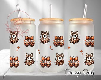 Ghost Glass Wrap Tumbler PNG, Halloween Pumpkins 16 Oz Glass Can Wrap PNG, Trendy Jack-o-lanterns Coquette Ghost Sublimation Glass Cup Wrap