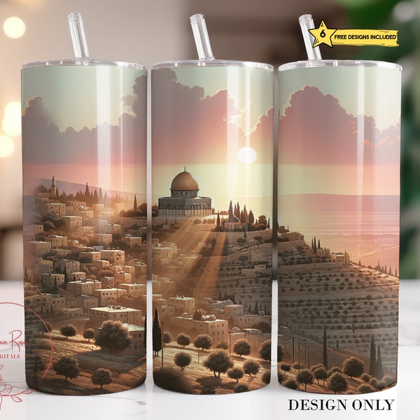 Envoltura de vaso de Jerusalén PNG, Vaso de Israel PNG, Vaso de sublimación inspirador de 20 Oz PNG, Diseño de vaso del Templo de Dios de adoración