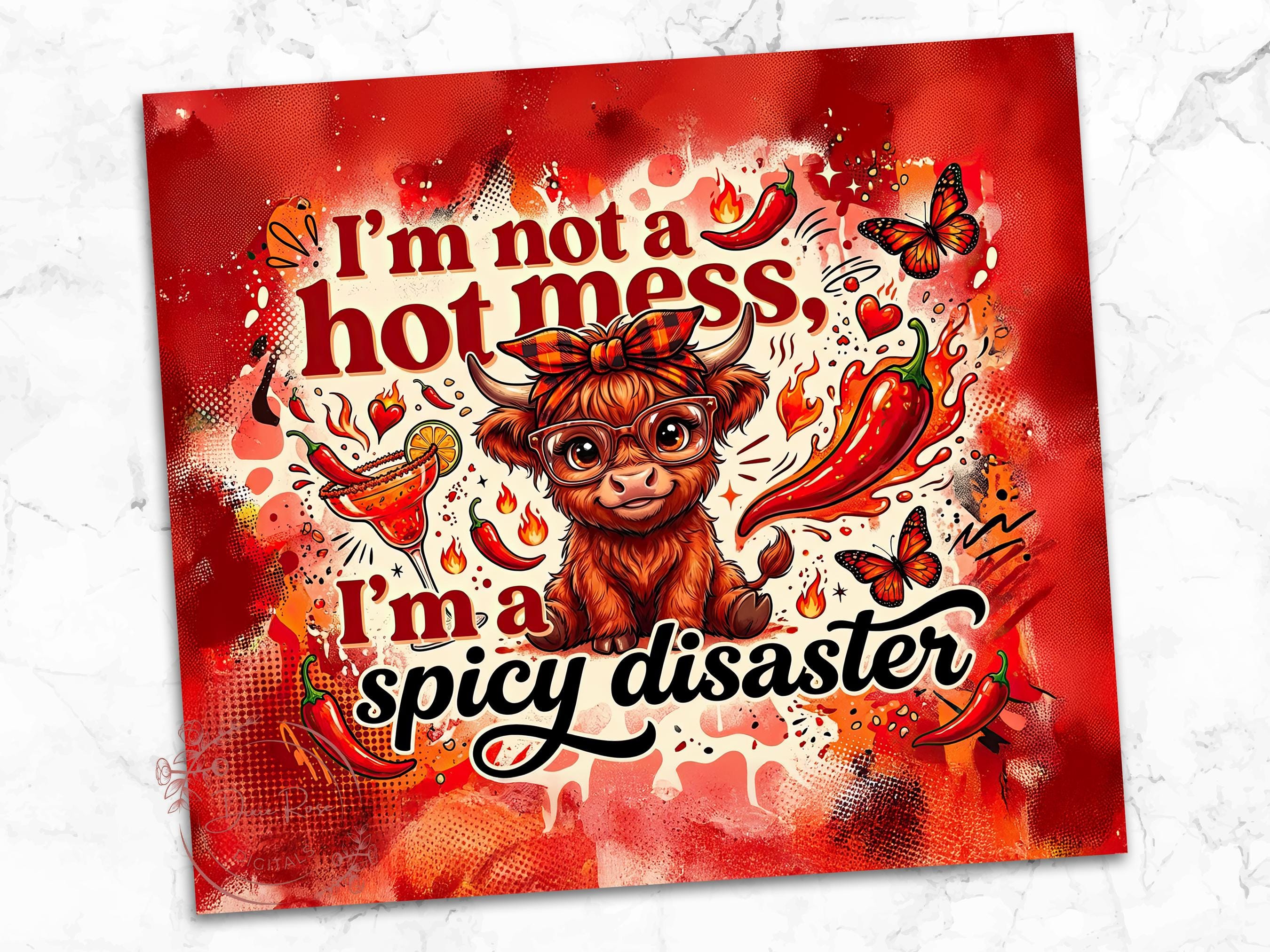 Hot Mess Highland Cow Tumbler Wrap PNG, Spicy Disaster Sublimation