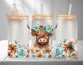 Highland Cow Libbey Glass Wrap, Floral 16 Oz Glass Can Wrap PNG, Flowers Glass Tumbler Wrap, Glass Can Sublimation Wrap Design Download