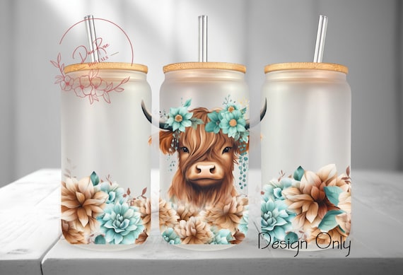 Floral Highland Cow Libbey Glass Can Tumbler Wrap (PNG Digital Download)
