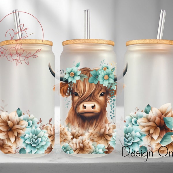 Highland Cow Libbey Glass Wrap, Floral 16 Oz Glass Can Wrap PNG, Flowers Glass Tumbler Wrap, Glass Can Sublimation Wrap Design Download