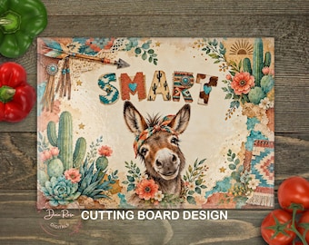 Funny Donkey PNG Glass Cutting Board PNG, Western Aztec Theme Kitchen Baking Sublimation Design, Digital Download