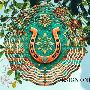May include: A teal and copper wind spinner with a horseshoe design. The horseshoe is surrounded by a swirling pattern of teal and copper. The wind spinner is designed to hang outdoors.
