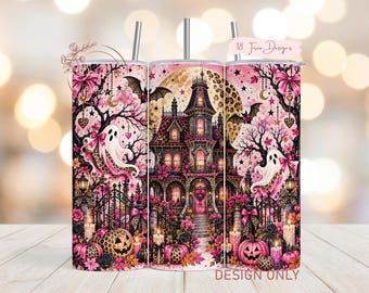 Haunted House Tumbler Wrap PNG Sublimation Design, Pink Coquette Halloween PNG, Leopard Print Ghosts, Seamless, Digital Download
