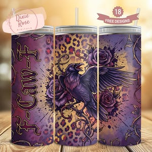 May include: A set of three stainless steel tumblers with a wraparound design. The design features a purple raven with open wings, roses, and a leopard print background. The tumblers have a straw and the text "Law-F".
