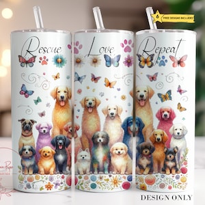 Vaso de rescate de perros, vaso de sublimación delgado de 20 oz con diseño de adopción de perros PNG, diseño de vaso de rescate con repetición de amor, archivo de descarga digital