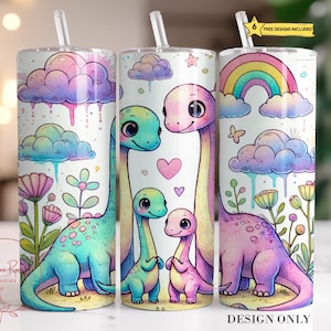 Kinder Dinosaurier Tumbler Wrap PNG, Süßer Dino 20 Oz Skinny Sublimationsbecher PNG, Pastell Dinosaurier Tumbler Design Download