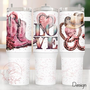 Cowgirl 40oz Tumbler Wrap PNG, Valentine&#39;s Day Sublimation 40 Oz Quencher Tumbler Design, Cowboy Country 40 Oz PNG Digital Design Download