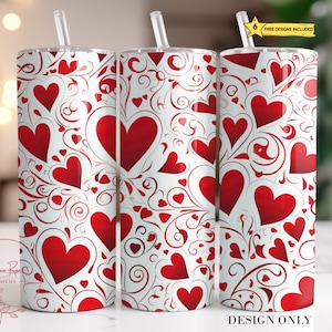May include: Three white stainless steel tumblers with red hearts and swirls on a white background.  The tumblers are for sublimation and are for design only.
