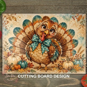 May include: A rectangular cutting board design featuring a central illustration of a turkey wearing round glasses and a teal polka-dot bow tie. The turkey is surrounded by autumn leaves, pumpkins, and acorns in shades of brown, orange, and teal.