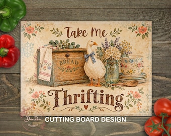 Vintage Thrifting PNG Glass Cutting Board PNG, Cottagecore Goose Kitchen Sublimation Design PNG, Digital Download