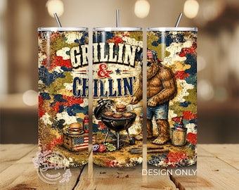 Patriottische Bigfoot PNG Tumbler Wrap, Camo Sasquatch BBQ PNG-sublimatieontwerp, digitale download