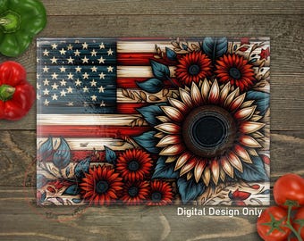 Planche à découper en verre tournesol drapeau PNG : cuisine patriotique sublimation design (téléchargement numérique)