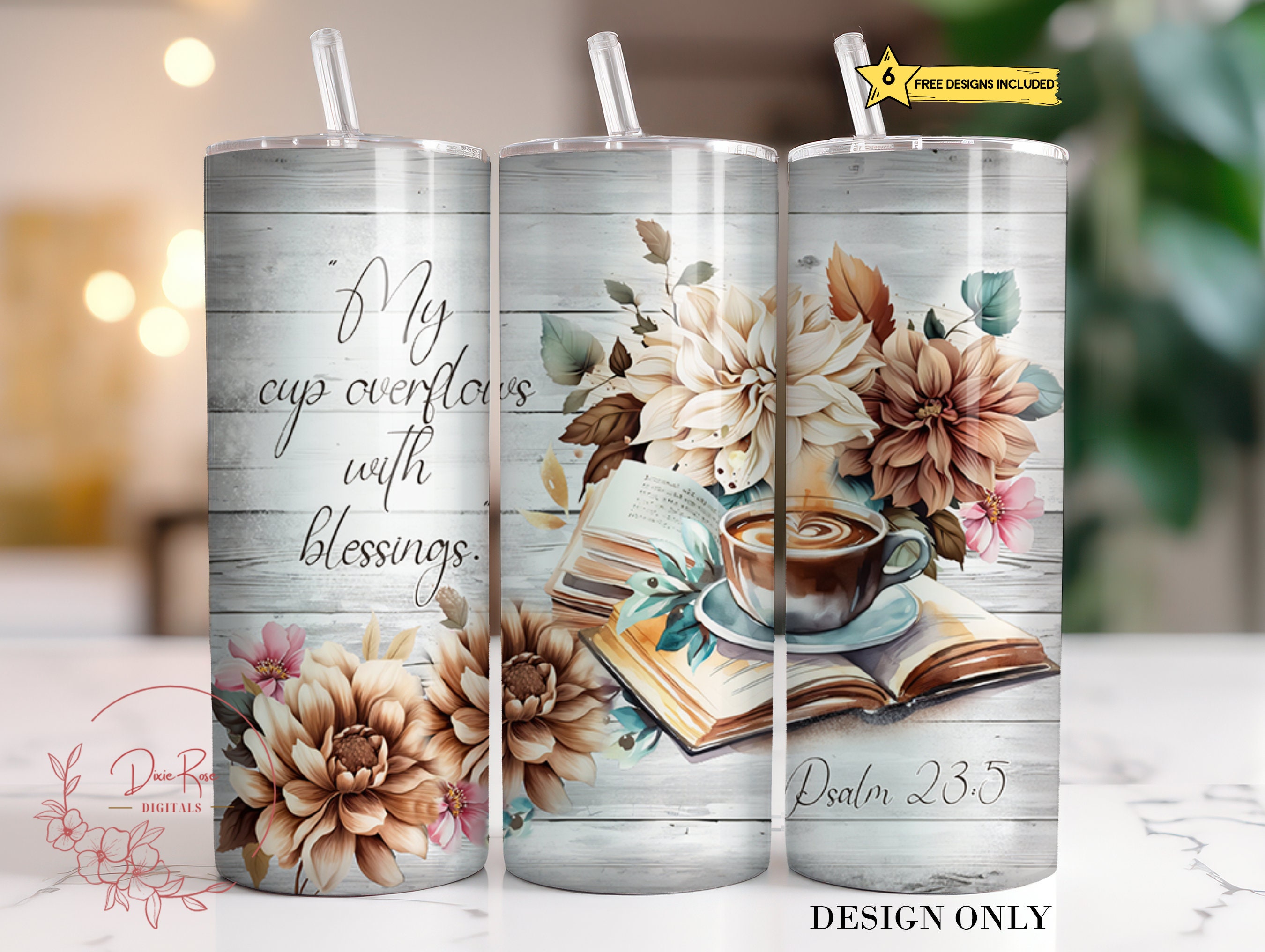 Blessed Christian Tumbler Wrap: Bible Verse Floral Design (PNG Digital File)