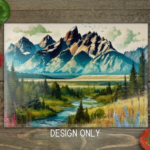 Mountains River Cutting Board Sublimation Design (PNG Digital File)