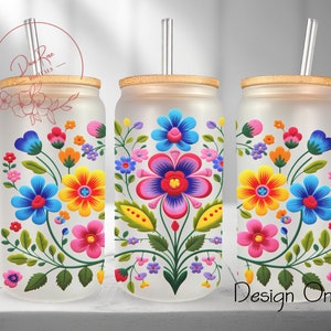 Mexican Flowers Glass Can Wrap: Embroidery Tumbler Design (PNG Digital Download)