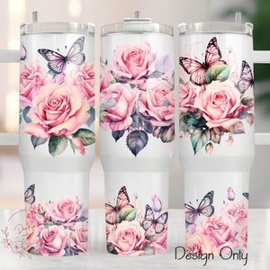 Butterflies Tumbler Wrap, Pink Roses 40 Oz Tumbler Wrap PNG, Flowers Tumbler PNG Digital File Download