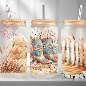 Coastal Cowgirl Glass Wrap Tumbler PNG: Floral Cowboy Boots, Beachy Sublimation Design (Digital Download)