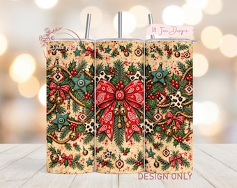 Western Christmas Bow PNG Tumbler Wrap, Turquoise Cow Print Coquette Sublimation PNG Design, Digital Download