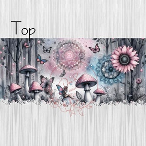 May include: A whimsical digital art print featuring a fairy sitting on a mushroom in a forest setting. The background includes pink and blue mandalas, butterflies, and a sunflower.