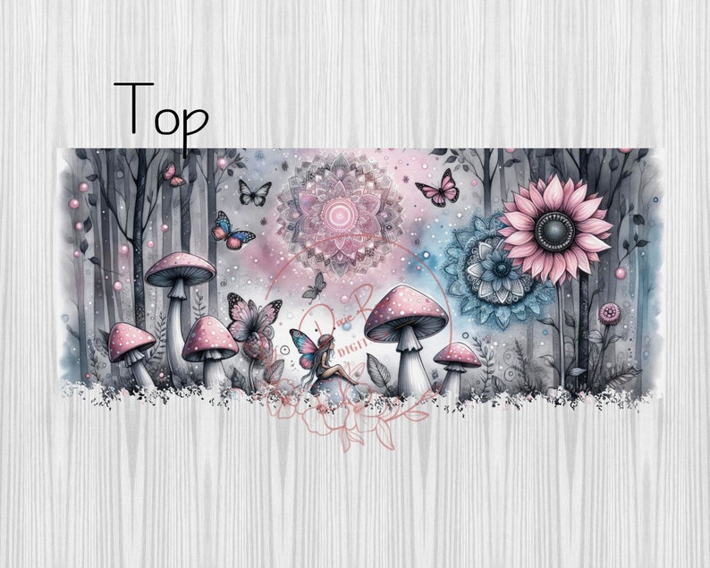 May include: A whimsical digital art print featuring a fairy sitting on a mushroom in a forest setting. The background includes pink and blue mandalas, butterflies, and a sunflower.