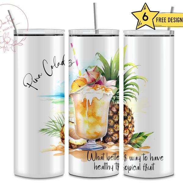 Funny Pina Colada, Pineapple, Healthy Fruit, Coconut, Beach, Ocean, 20 Oz Skinny Sublimation Tumbler Wrap Digital Design PNG File Download