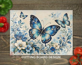 Blue Butterfly PNG Glass Cutting Board PNG, Vintage Floral  Kitchen Sublimation Design PNG, Digital Download