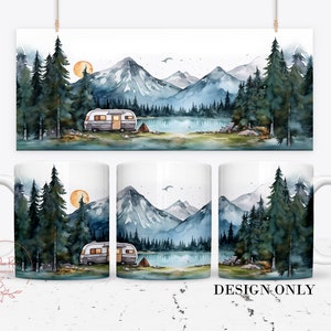 Taza de camping con diseño de montañas y lagos: PNG de viaje en autocaravana (descarga digital)