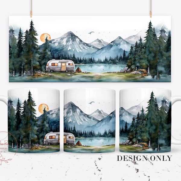 Camping Mug Wrap, RV Travel Sublimation Mug Designs, Mountains Lake Coffee Mug PNG, Camping 11 Oz 15 Oz Full Mug Wrap