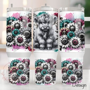 Highland Cow 40 Oz Tumbler Wrap, Baby Highland Cow Sublimation Tumbler Wrap PNG, Sunflower Country Tumbler Design PNG Digital File Download