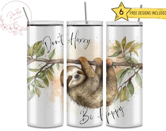 Cute Sloth Hanging Tree, Don&#39;t Hurry Be Happy, Watercolor, 20 Oz Skinny Straight Sublimation Tumbler Wrap Digital Design PNG File Download