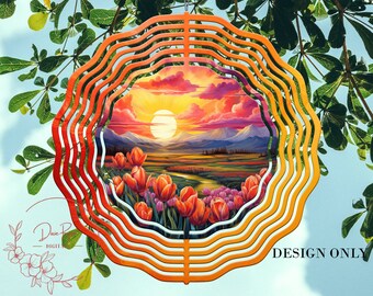 May include: A colorful wind spinner with a sunset scene and tulips. The spinner has a circular design with multiple layers of metal. The sunset scene features a mountain range, a river, and a field of tulips. The colors are vibrant and the design is intricate.