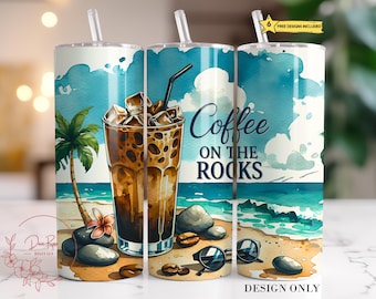 Iced Coffee Tumbler Wrap PNG: Beach Scene Sublimation Design (Digital Download)