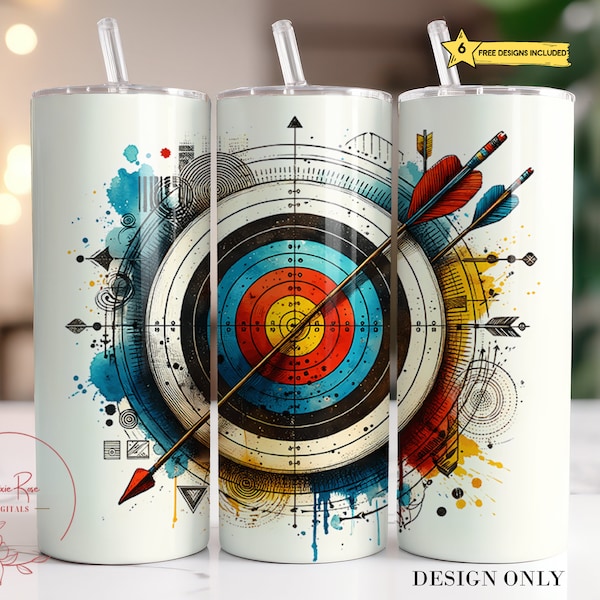 Envoltura de vaso de tiro con arco, Objetivo de tiro con arco 20 Oz Vaso de sublimación flaco PNG, Diseño de vaso deportivo Archer Arrow Descarga digital