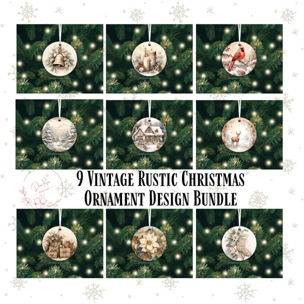 Rustic Christmas Ornament PNG Bundle, Vintage Sublimation Ornament Designs, Presents, Cardinal, Trees, Stocking, Poinsettias, Deer, Bell