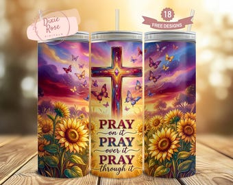 Tumbler Wrap con scritta Pray PNG, design per sublimazione di preghiere di fede cristiana, download digitale