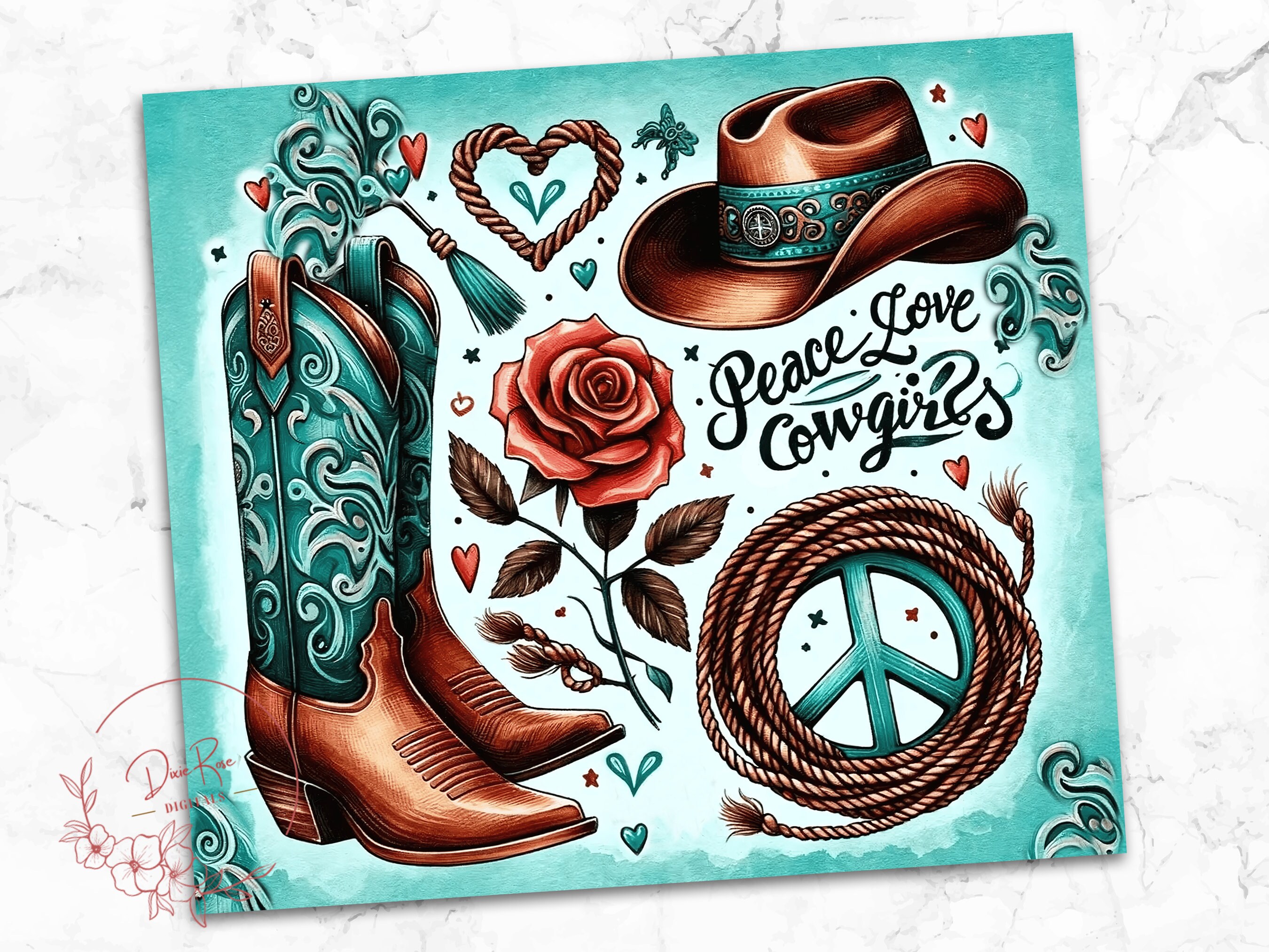Cowgirl Tumbler Wrap PNG: Peace Love Cowboys, Boots & Hat