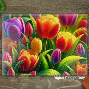 May include: A rectangular glass cutting board featuring a vibrant floral design of tulips in shades of yellow, orange, red, and purple, with green leaves. The words "Digital Design Only" are printed on the bottom. The board is on a wooden surface.