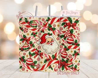 Vintage Santa Christmas PNG Tumbler Wrap, Peppermint Ribbon Ornament Sublimation PNG Design, Digital Download