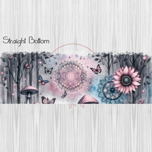May include: A digital illustration of a whimsical forest scene with a pink and blue mandala in the center. The scene features butterflies, mushrooms, and a sunflower. The text "Straight Bottom" is at the top of the image.