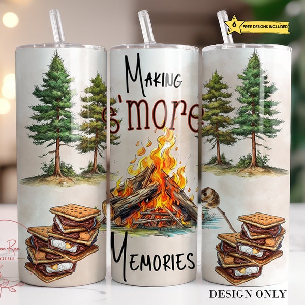 Smores Camping Tumbler Wrap PNG, 20 Oz Skinny Sublimation Tumbler PNG, Making S'mores Memories Design Digital File Download