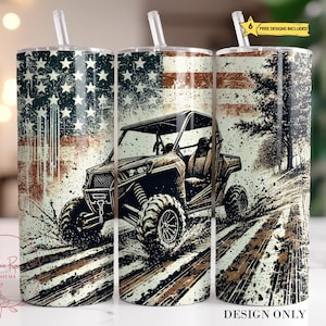 May include: A sublimation design featuring a vintage American flag with a mud-splattered off-road vehicle driving through a forest. The design is perfect for a tumbler or other drinkware.