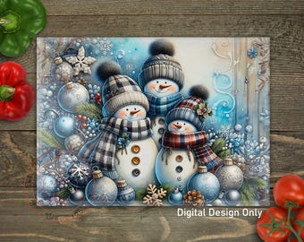 Snowmen Blue Christmas PNG Cutting Board: Holiday Winter Sublimation Design (Digital Download)