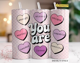 Envoltura de vaso para el día de San Valentín PNG, vaso delgado de sublimación retro de 20 oz para San Valentín PNG, diseño de vaso con afirmaciones de corazón, descarga digital