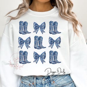Coquette Cowgirl Boots PNG: Blue Toile de Jouy Western Design (Digital Download)