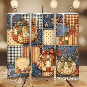Fall Pumpkin Patchwork PNG Tumbler Wrap, Vintage Autumn Cottagecore Sublimation Design (Digital Download)