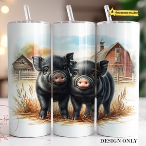 May include: Two black piglets stand in a field of tall grass. A red barn with white trim is in the background. The image is a design for a tumbler.